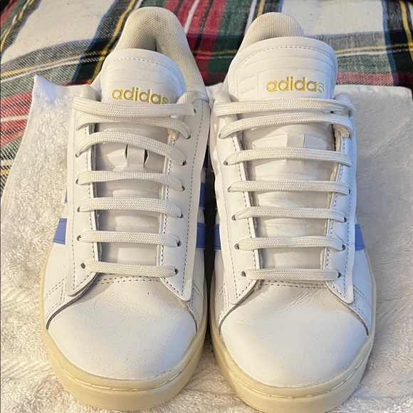 adidas Shoes - Adidas White Sneakers with Blue Accents and Gold Details